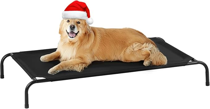 Outdoor Elevated Dog Bed, Cooling Breathable Raised Dogs Cot Beds for Large Dogs, Outside Portable Pet Hammock, Black Metal Frame, Skid-Resistant Feet, Easy Clean, Indoor Outdoor Use,51.1×31.5×7.4 in