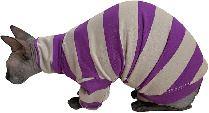 Vintage Stripes Sphynx Hairless Cats Shirt Cotton Cat Turtleneck Pet Clothes Kitten T-Shirts with Sleeves for Sphynx Cats (Wide Purple Grey Stripe, X-Large)