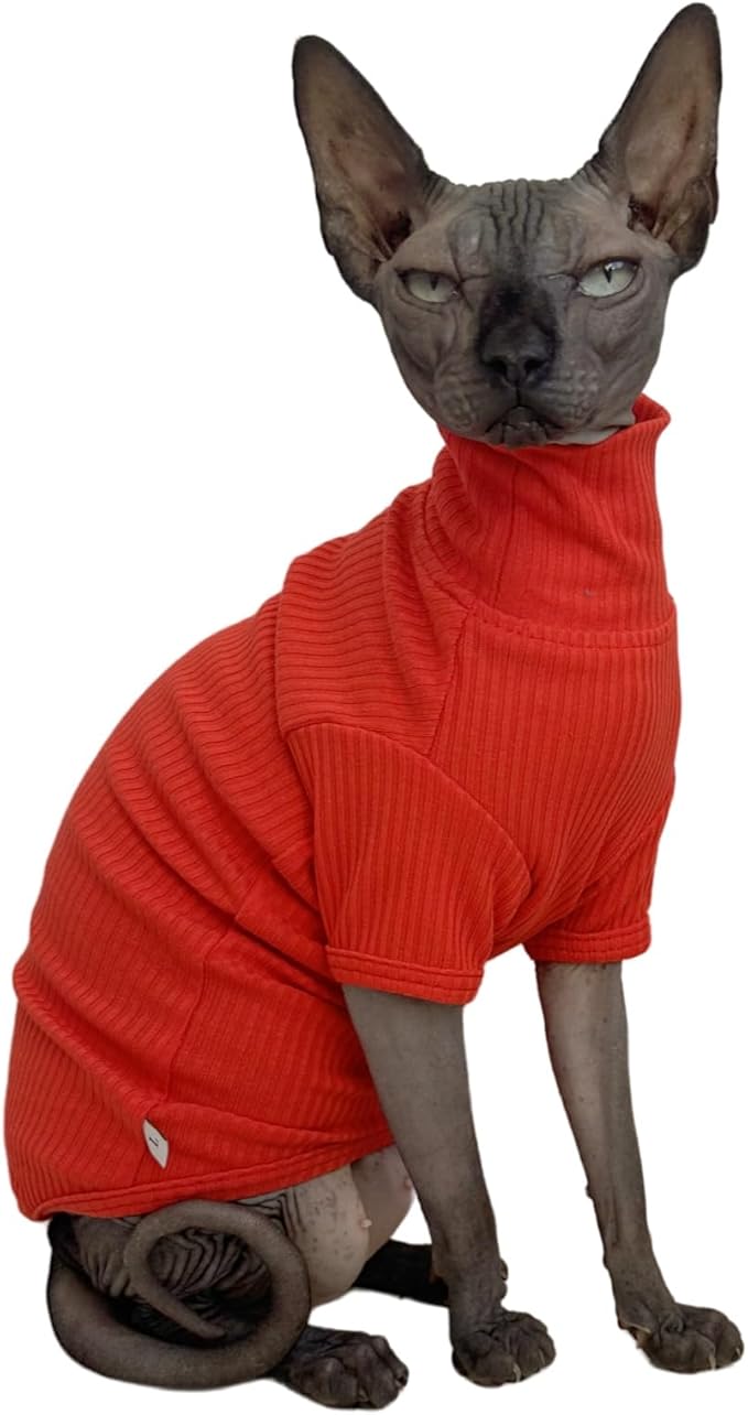 Sphynx Cats Shirt Cat Turtleneck Cotton Sweater Pullover Kitten T-Shirts with Sleeves Cat Pajamas Jumpsuit for Sphynx Cornish Rex, Devon Rex, Peterbald (Sunset, X-Large (Pack of 1))