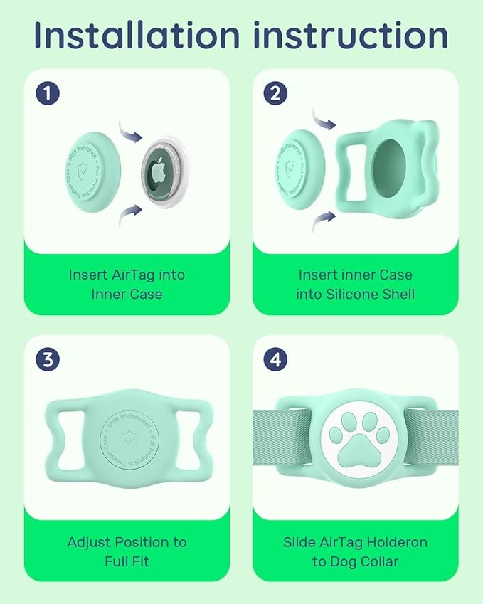 WhoseID IP68 Waterpoof Dog Airtag Holder, Stretchy Silicone Full Body Covered Apple Air Tag Holder for Dog Cat Collar Fit All Width Collar (Green, 1 Pack)