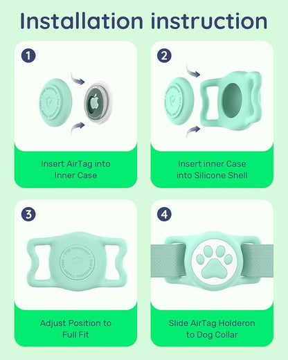 WhoseID IP68 Waterpoof Dog Airtag Holder, Stretchy Silicone Full Body Covered Apple Air Tag Holder for Dog Cat Collar Fit All Width Collar (Green, 1 Pack)