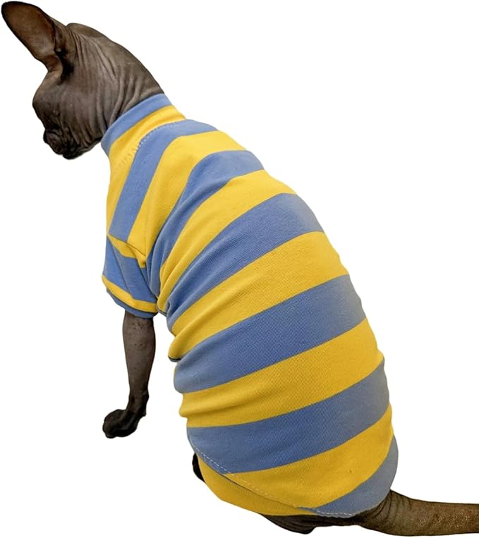 Sphynx Cat Clothes Shirts for Hairless Cat, Wide Stripe Cats Apparel, Kitten Summer Cotton T-Shirts with Sleeves for Cornish Rex, Devon Rex, Peterbald (Blue & Yellow, Small)