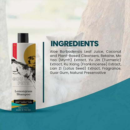 Gou Gou Pets Holistic, Natural and Clean Pet Care Lemongrass Shampoo: Veterinarian Recommended - Hydrate Your Pet’s Coat With Our Hypoallergenic Shampoo For Dogs, Cats and Horses - Made in USA - 16 oz
