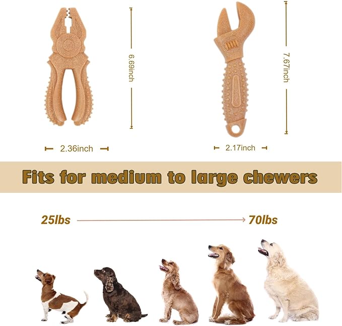 Dog Chew Toys, Aggressive chewer toy for Medium& Large dogs, Made of real pine wood and durable Food-Grade nylon, with Tool Shape Design for Dental Cleaning and Long-Lasting Chewing Fun(brown-wrench)
