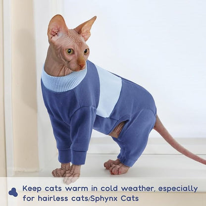 QBLEEV Cat Clothes, Soft Cat Sweaters for Cats Only, Kitten Surgery Recovery Suit Onesie Pajamas, Four Legs Cats Shirts Apparel Clothing for Hair Loss Prevention, Blue, L