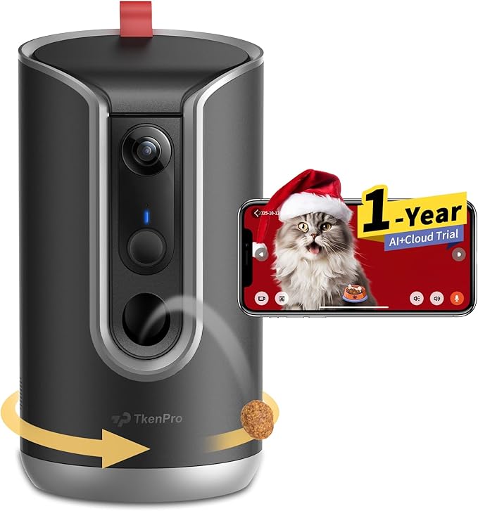 TKENPRO Pet Camera Treat Dispenser [1-Year Trial: Cloud + AI Features Included], 2K Dog & Cat Cam, Remote Treat Tossing, 360° Auto Tracking, 5G/2.4G WiFi Compatible, 2-Way Talk, Motion Alerts Indoor