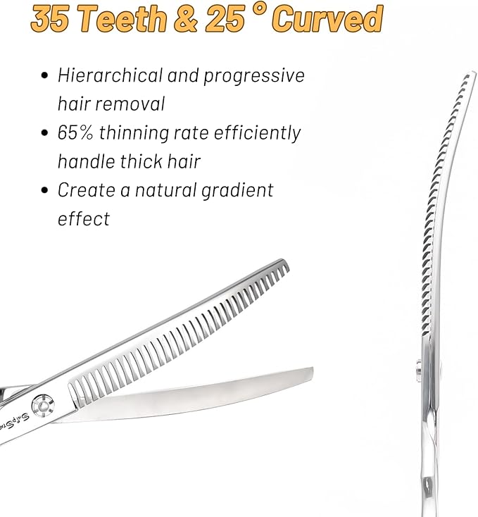 7.5in Curved Chunker Dog Grooming Scissors, 35 Teeth Professional Dog Cutting Scissors, 25 Degree Bend High-end Shears for Pet Groomers or Family Use, with Symmetric Handle, Thinning Rate 65%, Silver