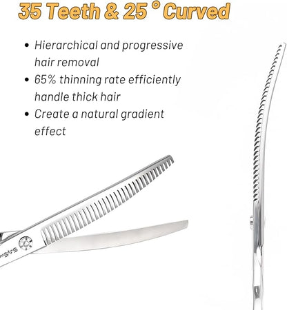 7.5in Curved Chunker Dog Grooming Scissors, 35 Teeth Professional Dog Cutting Scissors, 25 Degree Bend High-end Shears for Pet Groomers or Family Use, with Symmetric Handle, Thinning Rate 65%, Silver