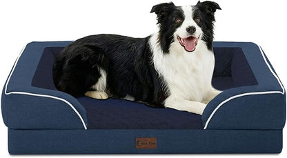 Casa Paw Orthopedic Dog Beds for Large Sized Dogs, Waterproof Memory Foam Large Pet Bed with Sides 35x22Inch, Non-Slip and Egg-Crate Foam Big Dog Couch Bed with Removable Washable Cover, Navy Blue