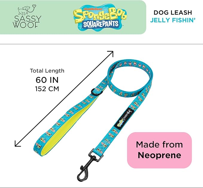 Sassy Woof Spongebob Squarepants™ Jelly Fishin' Dog Leash 60-Inch with Neoprene Padded Handle - Comfortable, Durable, and Stylish for Small to Large Dogs - Officially Licensed