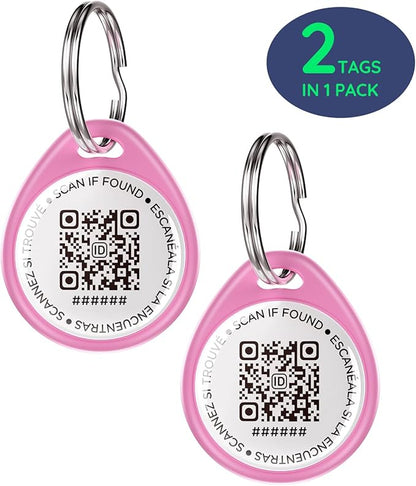 QR Code Dog Tag and Cat Tag, Scan to Reunite Faster, Waterproof and Durable, Lightweight and Quiet, Updatable Contact Info, Pink for Soft Look, 2 Tags in 1 Pack