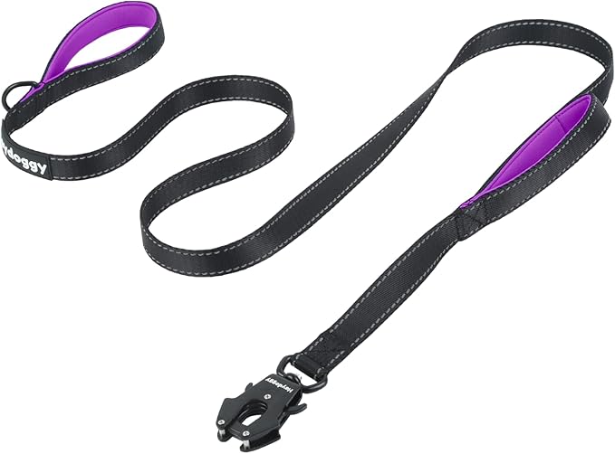 Strong Heavy Duty Dog Leash - 4ft Reflective Nylon Training Leash with Soft Padded Double Handle & Auto Lock Frog Clip - Safety Traffic Control for Large Medium Small Dog No Pull Walk Black Purple,4ft