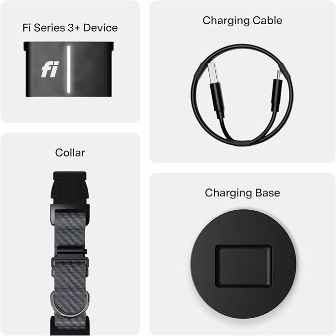 New Fi Series 3+ Smart Dog Tracker Collar [12 Month Membership Included] GPS Tracker for Dogs with Health & Behavior Monitoring, Escape Alerts, Waterproof, LED, Apple Watch Compatible (Gray, Medium)