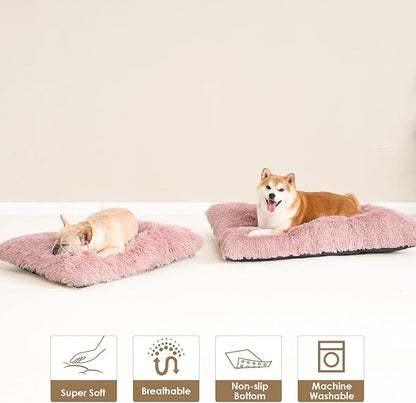 EHEYCIGA Fluffy Dog Bed, Plush Faux Fur Crate Pad, Calming Anti Anxiety Small Dog Bed, Washable Soft Warm Crate Mat with Non-Slip Bottom, Pink