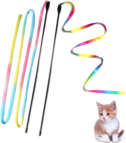 M JJYPET Cat Wand Toys Interactive Kitten Toys for Indoor Cats Colorful Teaser Wand String for Exercise Kitten Stick Kitty Rope Toy Rainbow Ribbon Cat Charmer -2Pcs