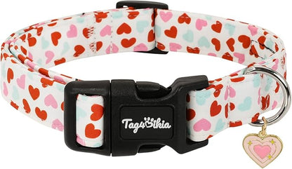 Valentines Dog Collar with Multi-Heart Pattern, Adjustable Puppy Collar with Safety Buckle & Heart Charm, Spring Summer for Girl Boy Dogs-XS