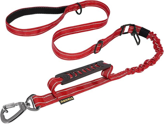 AUBELL Tactical Dog Leash Heavy Duty,4-6ft Reflective Strong No Pull Bungee Leash for Medium Large Dogs with Comfortable Padded Double Handle,Car Seat Belt,360 Degree Rotating Carabiner,Red