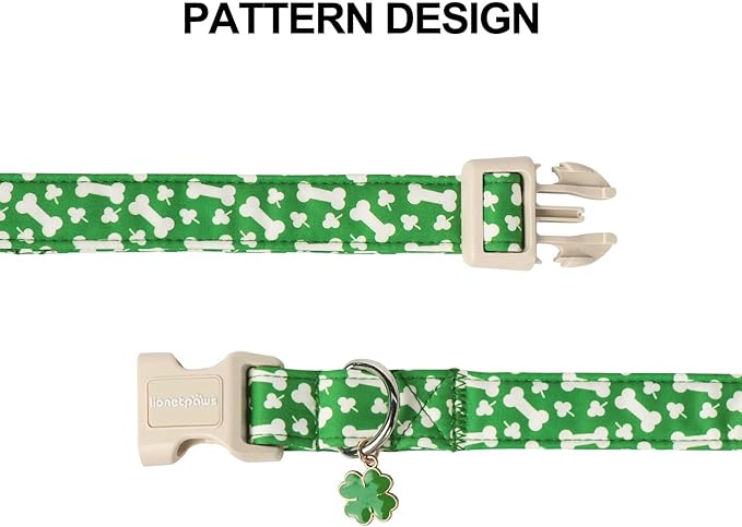 Lionet Paws St. Patrick Dog Collar- Cute Clover Bone Green Dog Collars with Plastic Buckle, Light Adjustable Dog Collars with Clover Pendant for Small Dogs