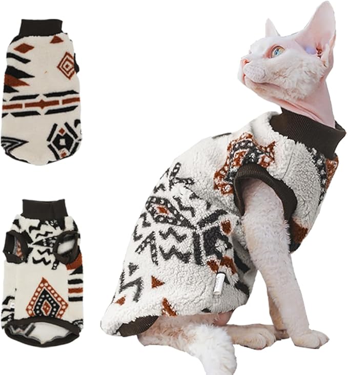 Snixfever Sphynx Cat Clothes,Boho Style Cat Clothes for Fall Winter, 2-Legged Fleece Lined Warm Shirt, Soft Plush Sweater for Hairless Cats Devon Rex (Beige, Large (5-6.5 lbs))