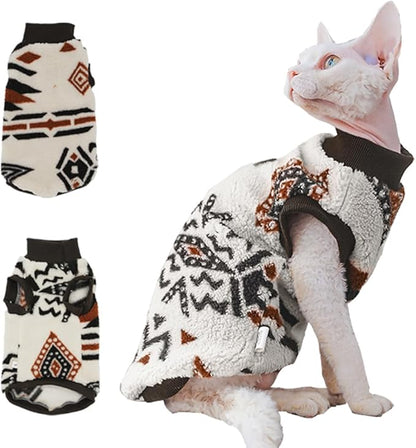 Snixfever Sphynx Cat Clothes,Boho Style Cat Clothes for Fall Winter, 2-Legged Fleece Lined Warm Shirt, Soft Plush Sweater for Hairless Cats Devon Rex (Beige, Large (5-6.5 lbs))
