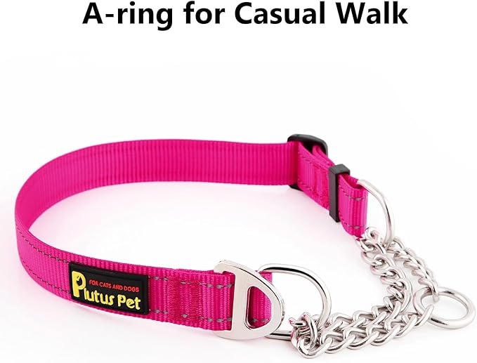 Plutus Pet Martingale Dog Collar with Stainless Steel Chain and Reflective Nylon, Adjustable No Pull Training Collar, for Small Medium, and Large Dogs, Hot Pink, L