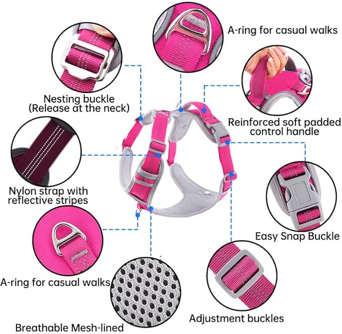 Paawpal Adjustable Dog Harness - No Pull, Reflective, Soft Padded for Small, Medium, Large Dogs - Includes Leash Pink XL