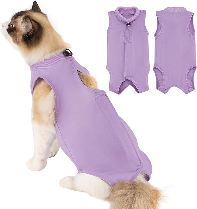 Avont Cat Recovery Suit Post-Surgery Onesie, Breathable Cone-of-Shame Alternative Bodysuit for Spayed Female Kittens, Skin Abdonminal Wound Care -Purple(S)