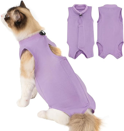 Avont Cat Recovery Suit Post-Surgery Onesie, Breathable Cone-of-Shame Alternative Bodysuit for Spayed Female Kittens, Skin Abdonminal Wound Care -Purple(S)
