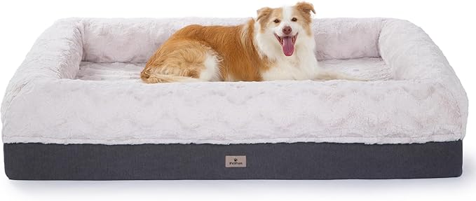 PetFun Memory Foam XL Dog Bed for XLarge Sized, Extra Large Orthopedic Dog Sofa with Sides and Waterproof Liner, Washable Bolster Pet Bed Couch with Removable Cover, 60x43x13 Inch, Beige