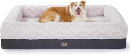 PetFun Memory Foam XL Dog Bed for XLarge Sized, Extra Large Orthopedic Dog Sofa with Sides and Waterproof Liner, Washable Bolster Pet Bed Couch with Removable Cover, 60x43x13 Inch, Beige