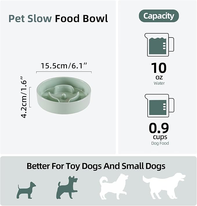 Ceramic 0.9 Cup Dog Bowl Slow Feeder for Small Dog, 6.1inch Pet Slow Feeder, Stop Bloat, Preventing Choking(Single Bowl-Light Green)