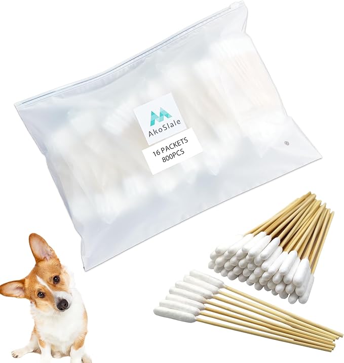 800 Count Bulk Dog Ear Swabs, 4.72 Inch Bamboo Cotton Buds Refill for Small to Medium Dogs & Cats – Precision Tips for Grooming, Tear Stains & Wax Removal (16 Resealable Packs)