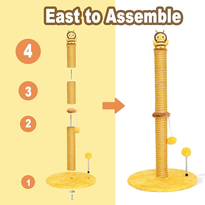 VIEFIN Bee Cat Scratching Post, 36" Tall Cat Scratcher for Indoor Cats - Modern Sisal Scratch Post with Dangling Ball & Plush Toys for Kittens and Adult Cats