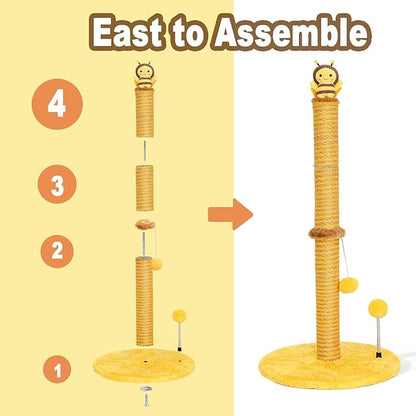 VIEFIN Bee Cat Scratching Post, 36" Tall Cat Scratcher for Indoor Cats - Modern Sisal Scratch Post with Dangling Ball & Plush Toys for Kittens and Adult Cats