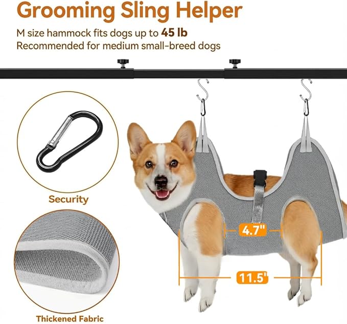 Dog Grooming Arm for Table, M Size, Adjustable 42" Height & 35"–44" Width, H-Shape Stable Grooming Stand, Clamp Fits up to 2.76", with Hammock & 2 Nooses for Home Grooming & Nail Trimming