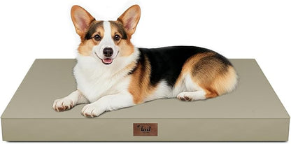 Tail Stories Large Outdoor All Weather Dog Bed, Waterproof Pet Bed for Large Dogs, Orthopedic Egg Crate Foam with Washable Removable Oxford Cooling Cover, 36x27 Inch, Khaki