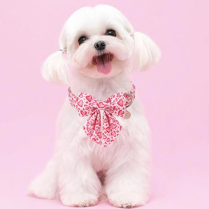 UP URARA PUP Valentine’s Day Dog Collar with Bow Tie, Pink Heart Bowtie Collar with Metal Buckle, Valentine’s Day Gift Pet Collar for Puppy Girl Boy Dog or Cat, Wedding Dog Collar, S, Neck 10-16in