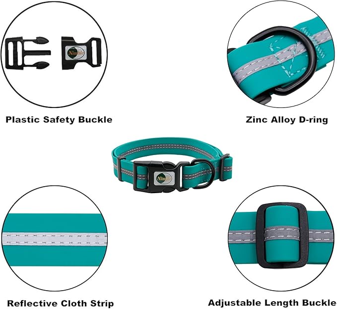NIMBLE Dog Collar Waterproof Pet Collars Anti-Odor Durable Adjustable PVC & Polyester Soft with Reflective Cloth Stripe Basic Dog Collars S/M/L Sizes (Small (9.45”-14.17”inches), Emerald Green)
