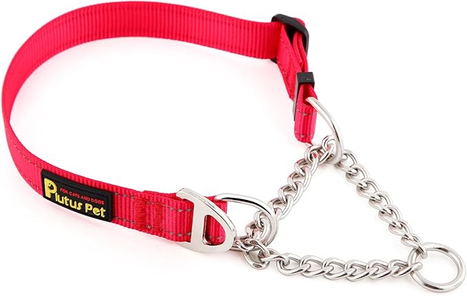 Plutus Pet Martingale Dog Collar with Stainless Steel Chain and Reflective Nylon, Adjustable No Pull Training Collar, for Small Medium, and Large Dogs, Red, L