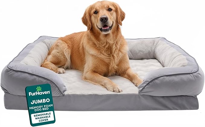 Furhaven Memory Foam Dog Bed for Large Dogs w/ Removable Bolsters & Washable Cover, For Dogs Up to 95 lbs - Plush & Velvet Waves Perfect Comfort Sofa - Granite Gray, Jumbo/XL