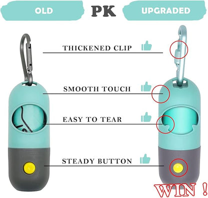 Dog Poop Bag Holder Dispenser with LED Flashlight - Night Visibility for Safe Evening Walks | Upgraded Hands-Free Leash Clip | Includes 15 Dog Waste Bags(Crystal Blue)