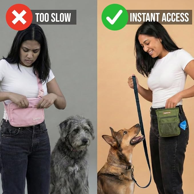 PupSensei Dog Treat Pouch for Training – Magnetic Dog Treat Bag with Belt Clip & Poop Bag Dispenser – Hands Free Carry Pouch with Auto-Close Access & Shoulder Strap – Durable Pet Gear – Army Green