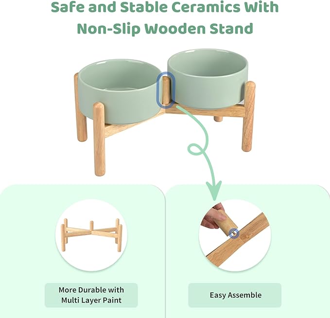 SPUNKYJUNKY Ceramics Raised Dog Bowls with Wooden Stand - Elevated Bowls for Small Medium Dogs (Double 28.7OZ, Light Green)