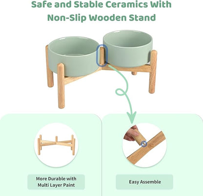 SPUNKYJUNKY Ceramics Raised Dog Bowls with Wooden Stand - Elevated Bowls for Small Medium Dogs (Double 28.7OZ, Light Green)