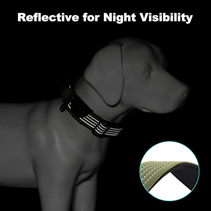 Plutus Pet Tactical Dog Collar with Tracker Pocket for AirTag, Adjustable Reflective Nylon Collar, Metal Buckle, Leather-Wrapped Handle, Soft Padded for Medium Large Dogs (Ranger Green, S)