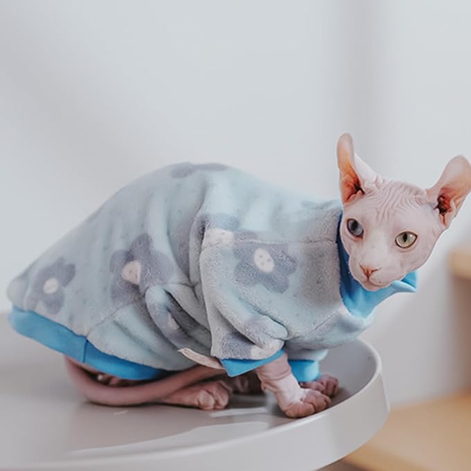 Urnat Cat Flannel Floral Clothes, Warm Soft Winter Jumpsuit Flower Prints Sweater Shirt Clothing for Hairless Sphynx, Devon & Indoor Kittens (Blue, XL)