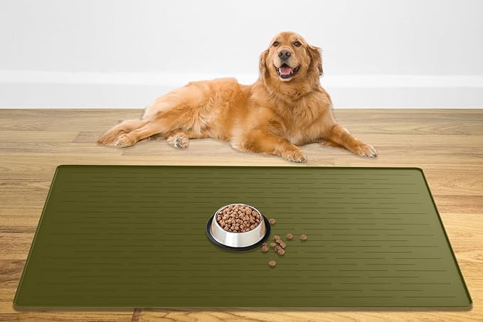 48" x 32" Largest Pet Food Mat, XXXL Silicone Dog Mats for Food and Water, Nonslip Pet Feeding Mats for Floors,Dog Cat Bowl Mat with Raised Edges, Avocado Green
