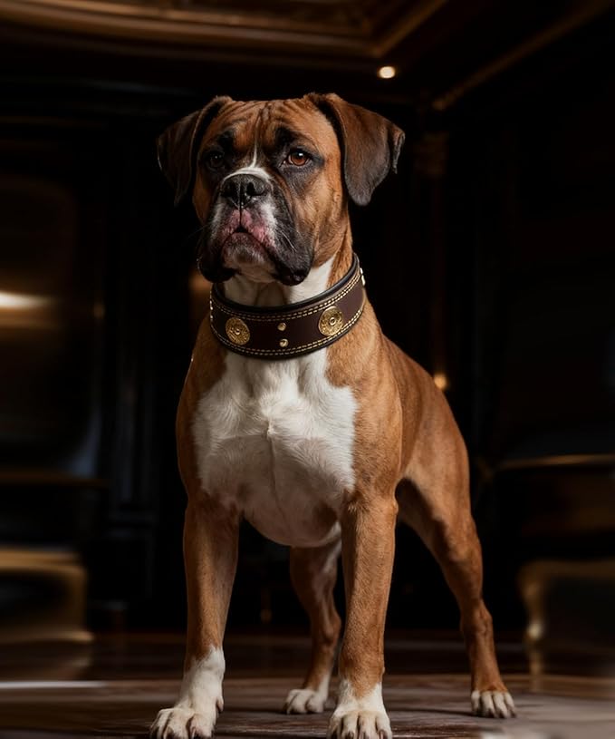 Leather Dog Collar, 2 inches Wide Heavy Duty Genuine Leather Collars, Handmade, Soft, and Luxury, Eye-catching Best Choice for Large and Medium Breed Dogs Brown-Gold, 21-25 inches