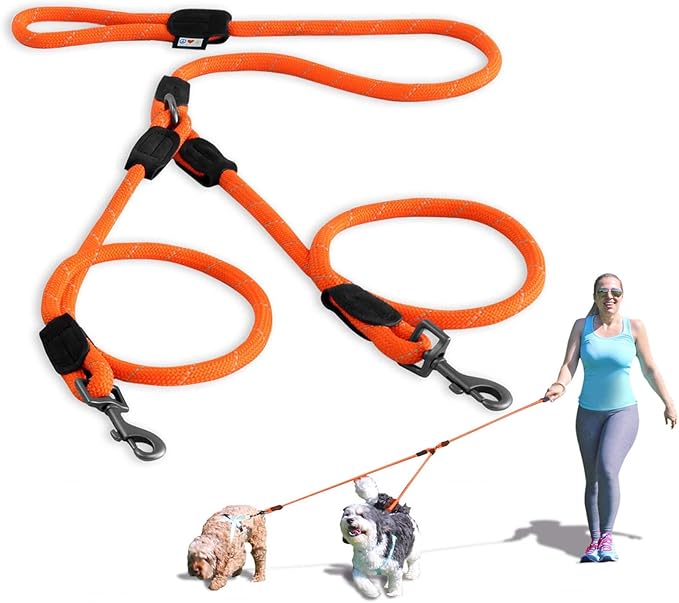 Pawtitas Double Leash for Two Dogs Great for Walking & Training Comfortable Shock Absorbing Reflective Pet Rope Leash for 2 Dogs 6ft - Medium/Large - Orange