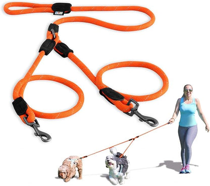 Pawtitas Double Leash for Two Dogs Great for Walking & Training Comfortable Shock Absorbing Reflective Pet Rope Leash for 2 Dogs 6ft - Medium/Large - Orange
